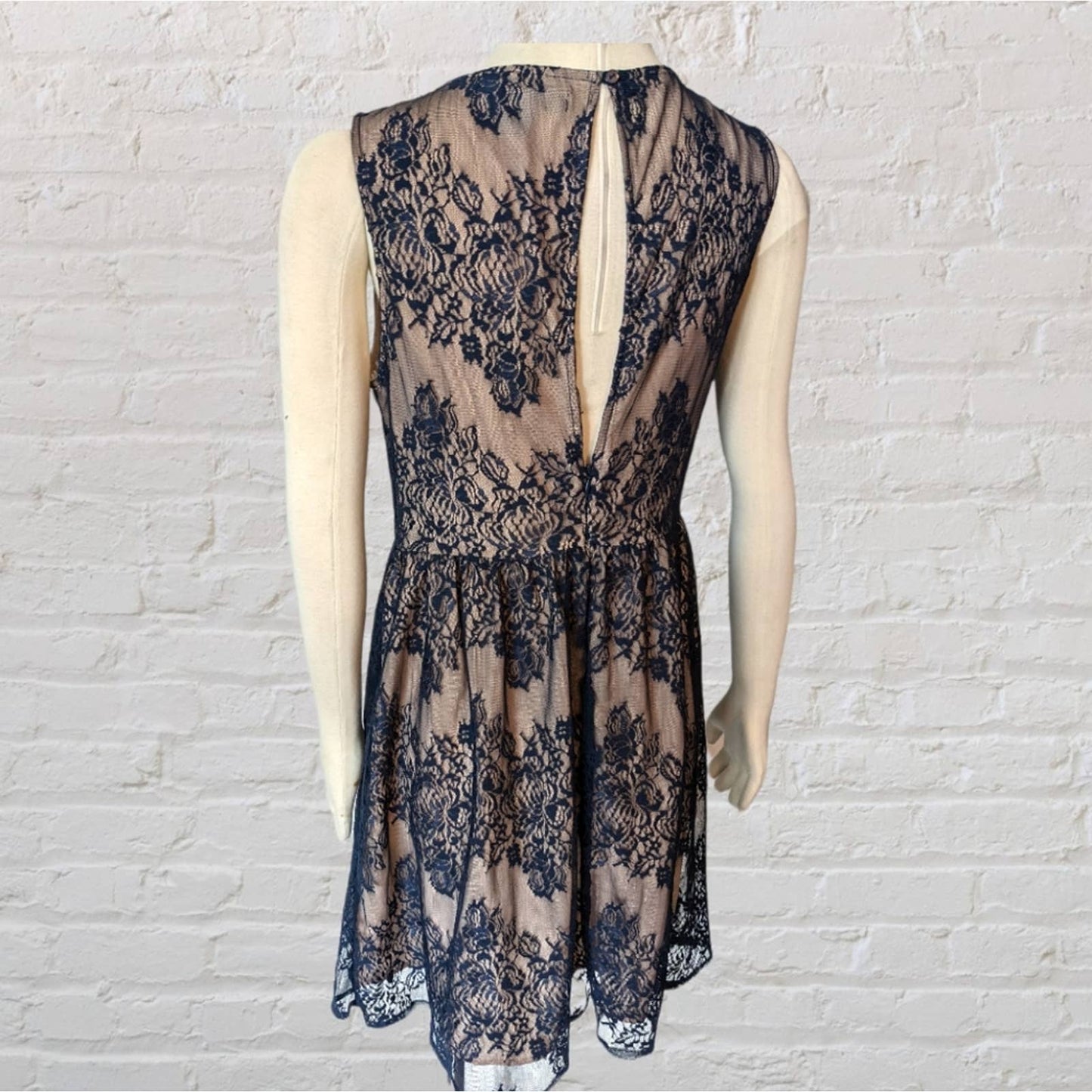 FOREVER 21 Navy Blue Lace Party Dress with Tan Lining Large