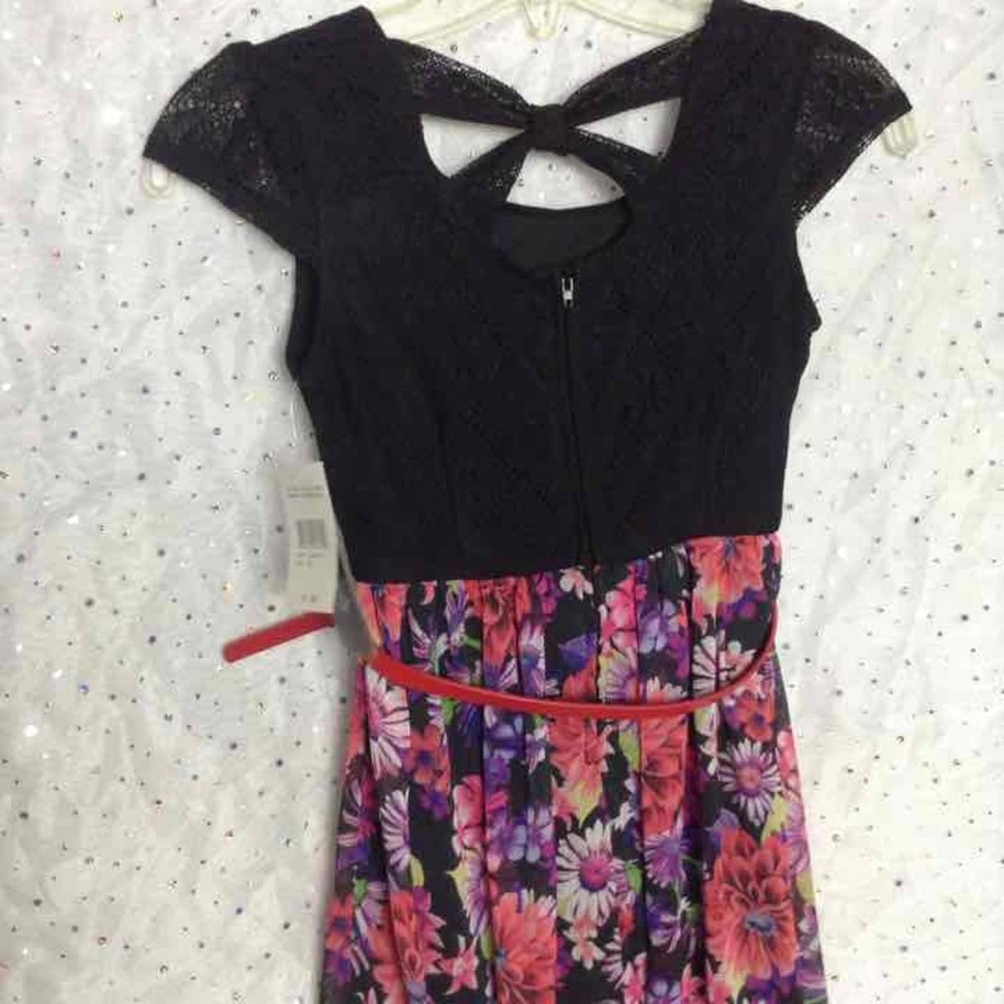 DISORDERLY KIDS Black Pink Floral Sharkbite Hem Dress Girls 10 NEW