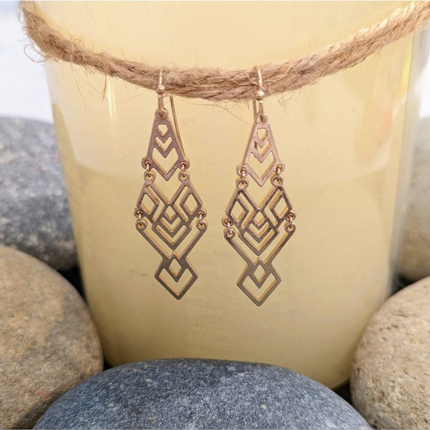 Aztec Geometric Gold Dangle Statement Hook Earrings