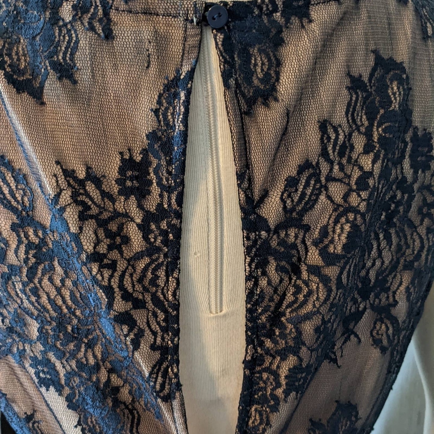 FOREVER 21 Navy Blue Lace Party Dress with Tan Lining Large