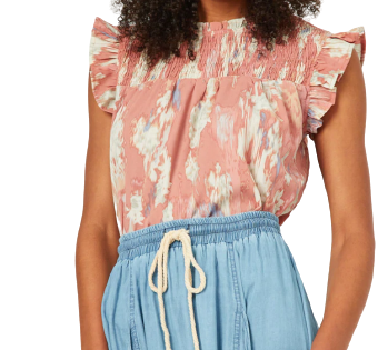 Sasha Women's Pink Watercolor Smocked Top with Ruffle Sleeves S-L
