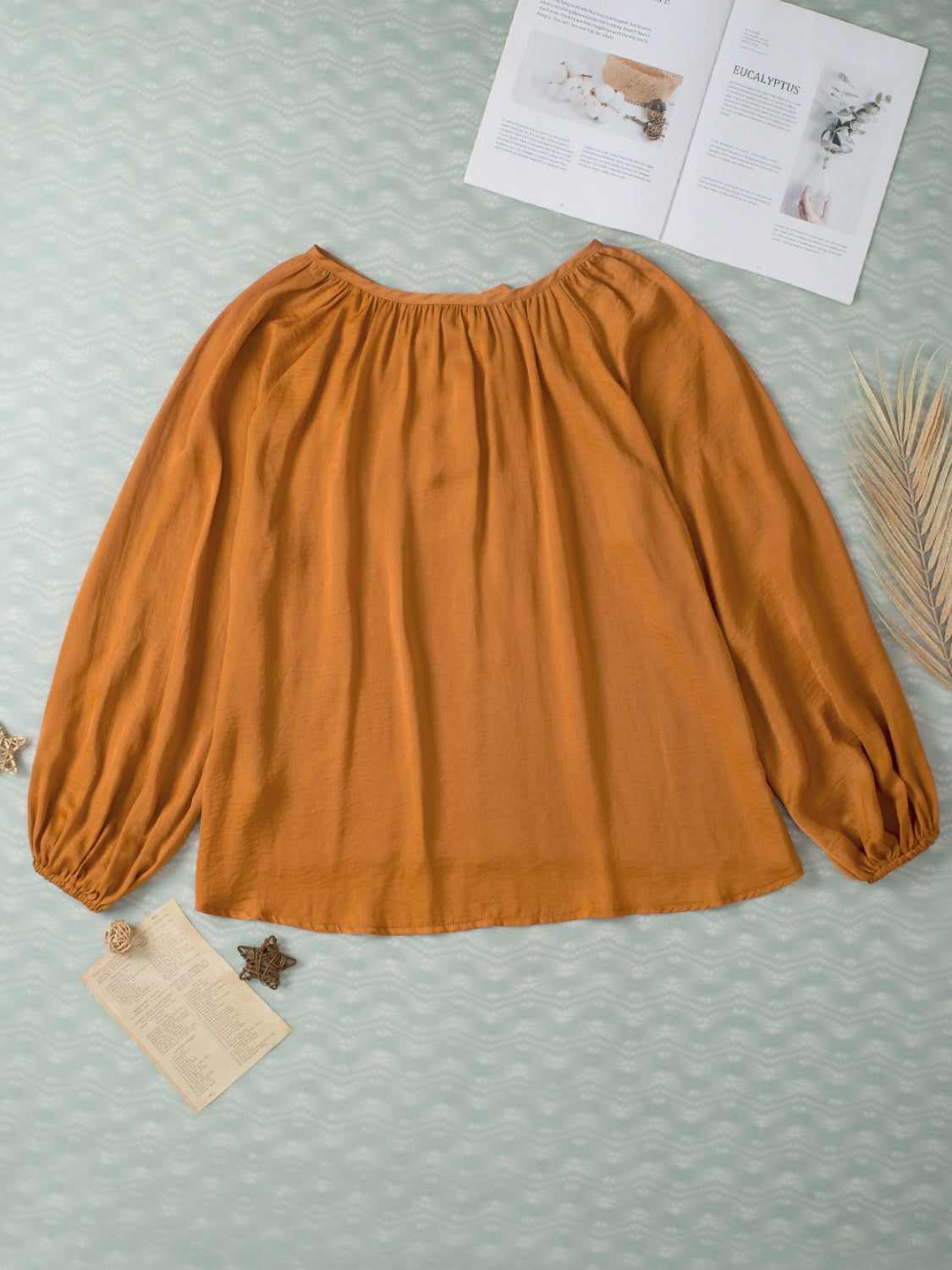 Caramel Balloon Sleeve Blouse with Tie Neck Career Casual