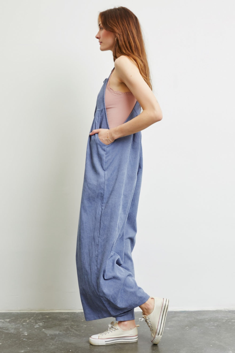 HEYSON Blue Flowy Wide Leg Pleated Overalls with Pockets
