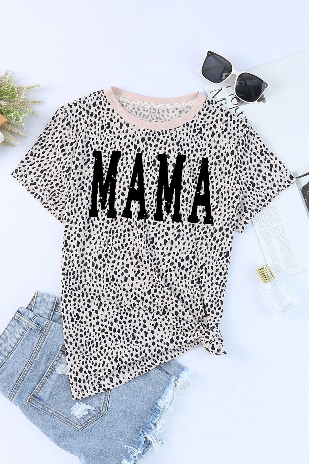 MAMA Tan Cheetah Animal Print Round Neck Short Sleeve T-Shirt