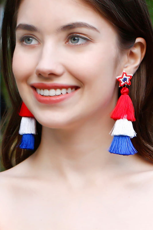 Patriotic Red White Blue 3 Layer Tassel Dangle Beaded Star Earrings America USA