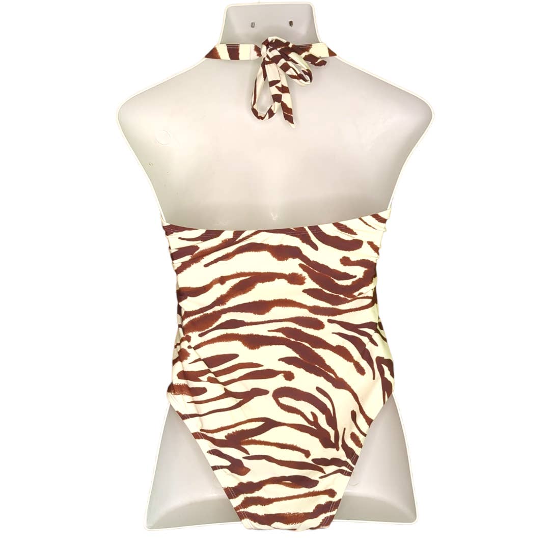 CUPSHE Brown Cream Zebra Striped Swimsuit Summer Vacation 1X Plus NEW