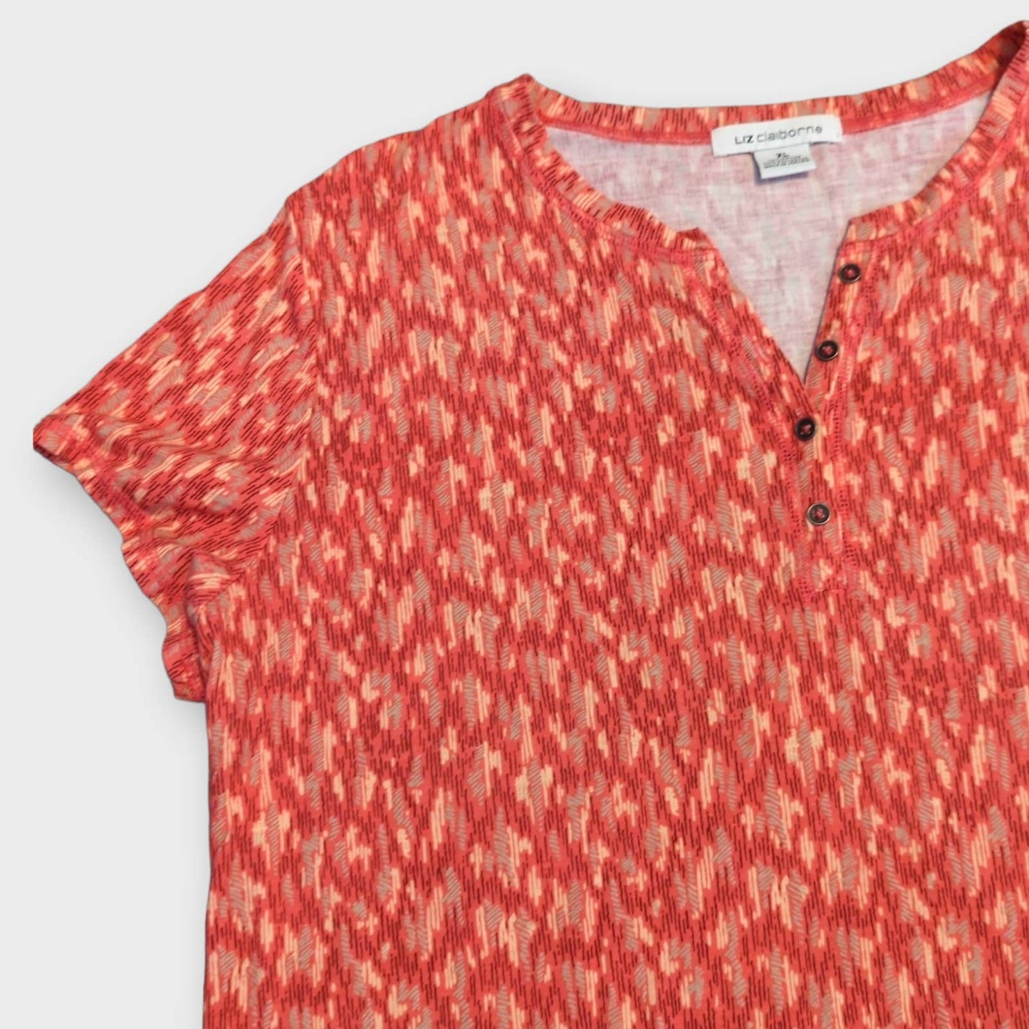 LIZ CLAIBORNE Coral Peach Abstract Knit Short Sleeve Casual Career Henley XL