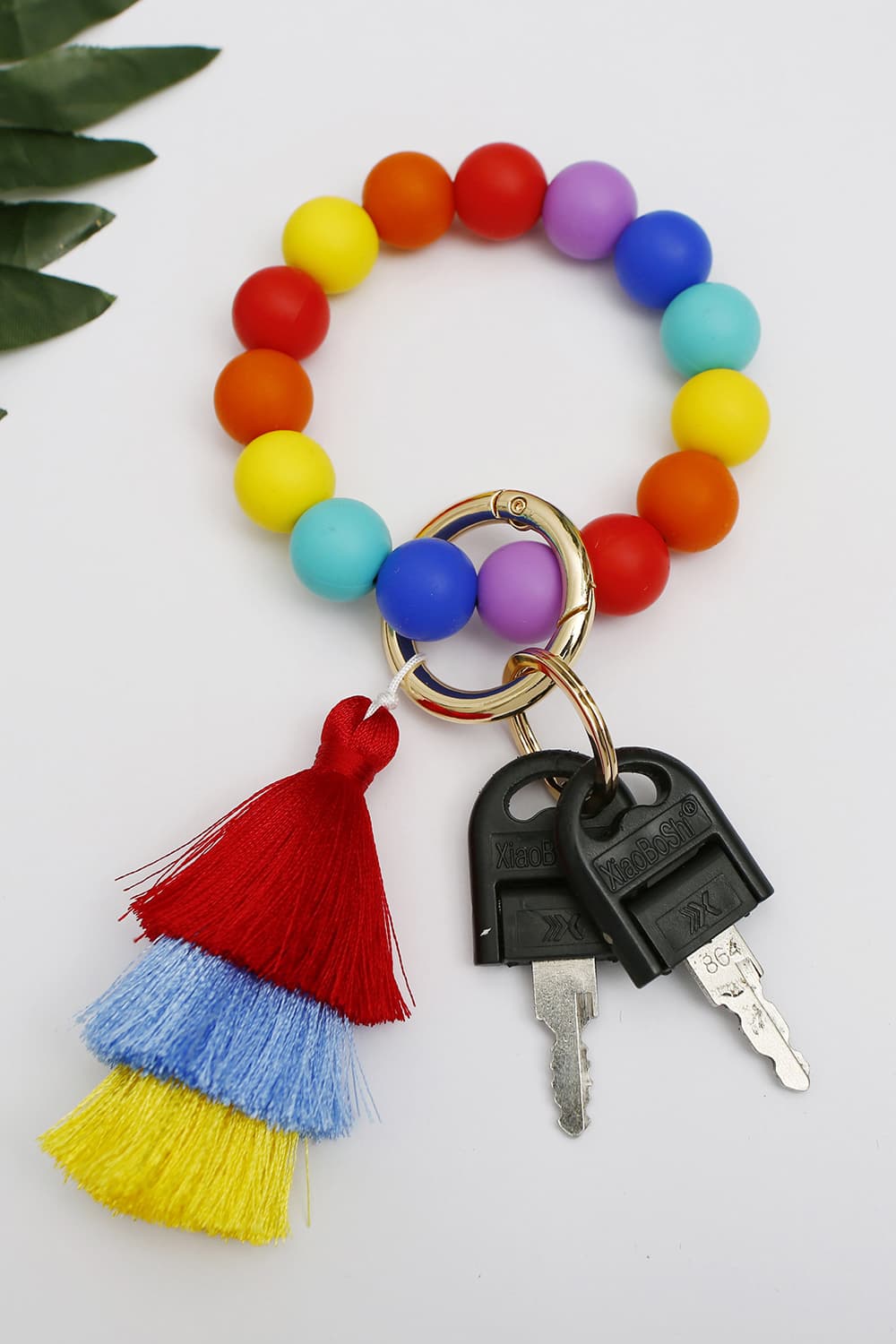 Silicon Rainbow Bead Wristlet Keychain with Layered Tassels