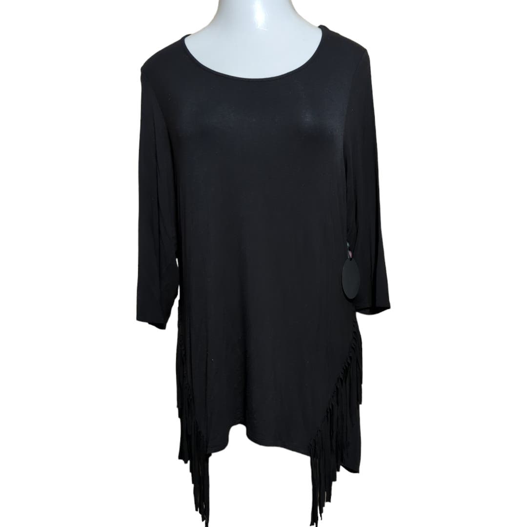 FRENCH BLUE Black Stretch Fringe Top 3/4 Sleeve Plus Size 2X