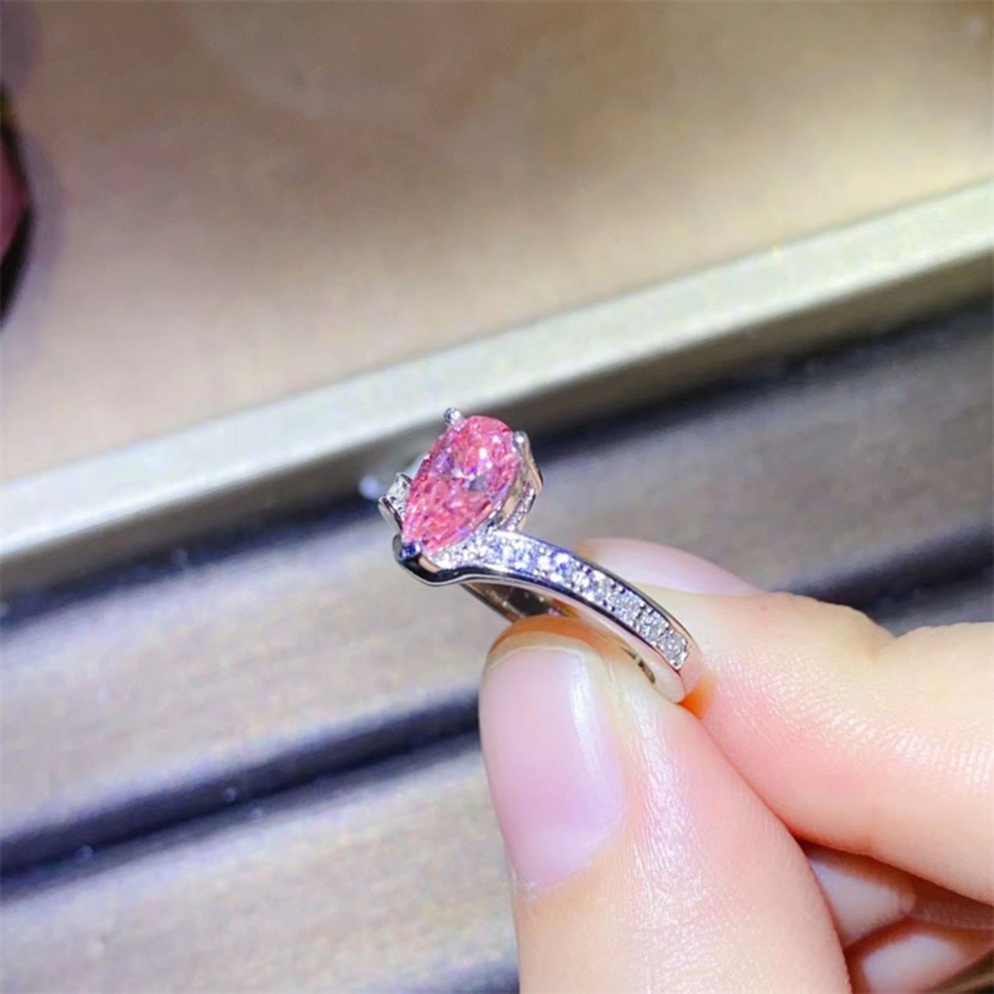 1 Carat Pink Teardrop Pear Moissanite Sterling Silver Ring Sizes 4.5-9