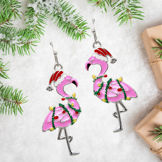 Holiday Pink Flamingo Hook Earrings with Santa Hat and Christmas Lights