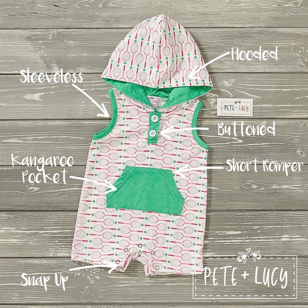 PETE + LUCY Terrific Tennis Green Red Infant Romper 6-9 months