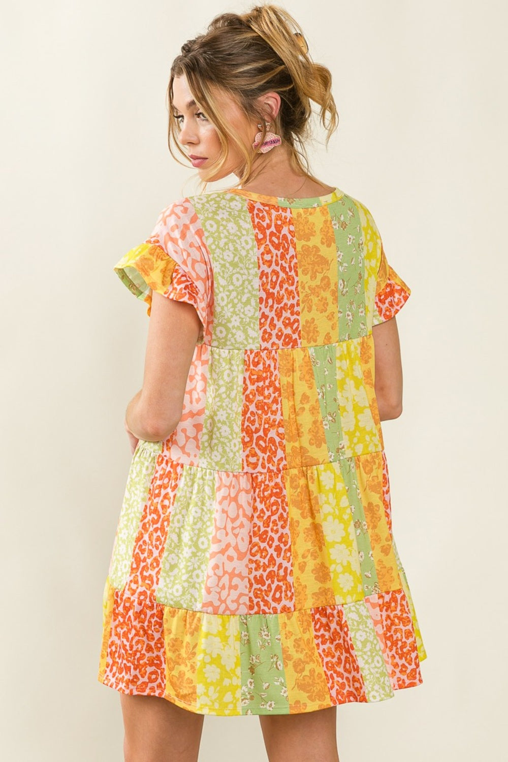 BiBi Leopard Short Sleeve Tiered Summer Mini Dress