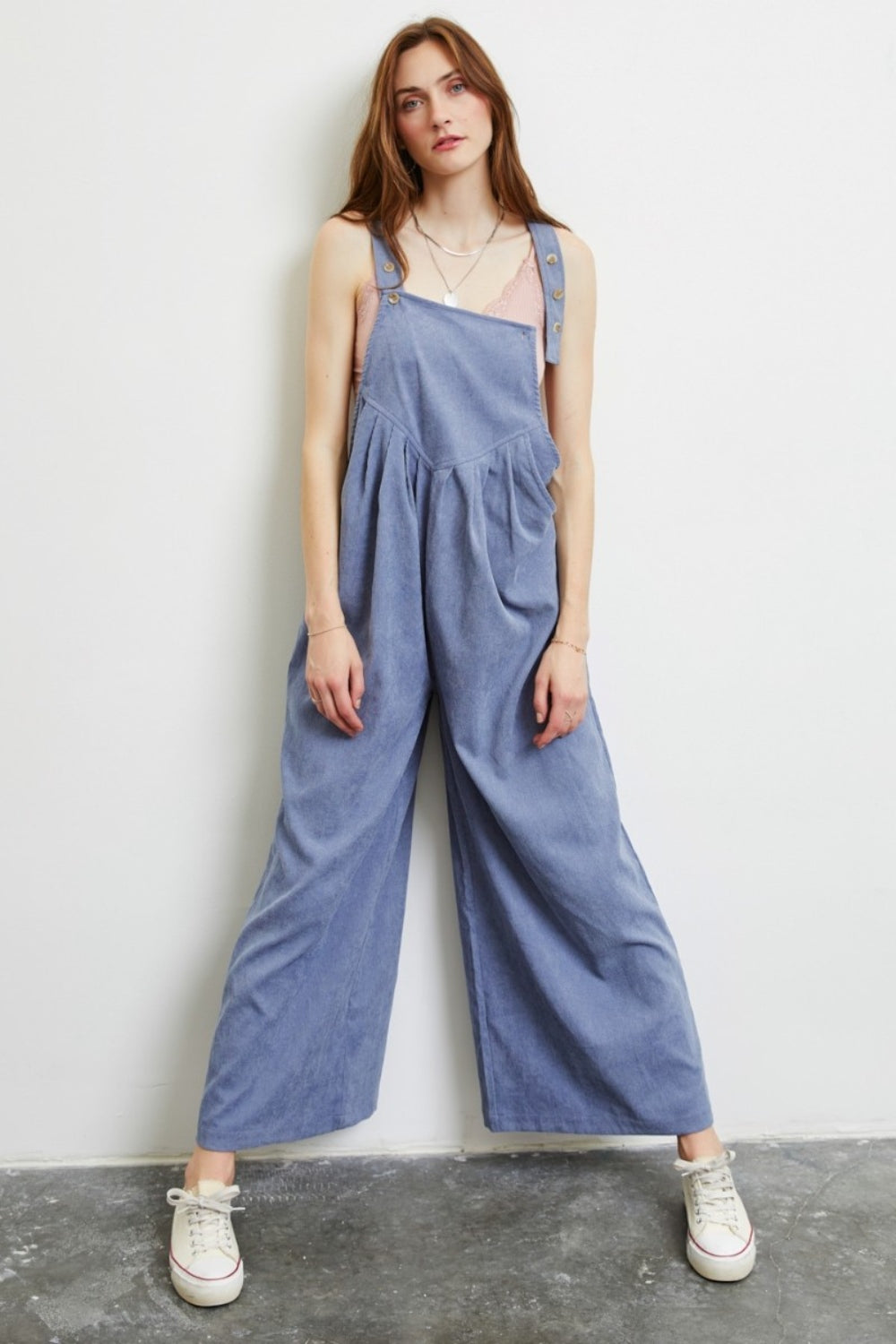 HEYSON Blue Flowy Wide Leg Pleated Overalls with Pockets