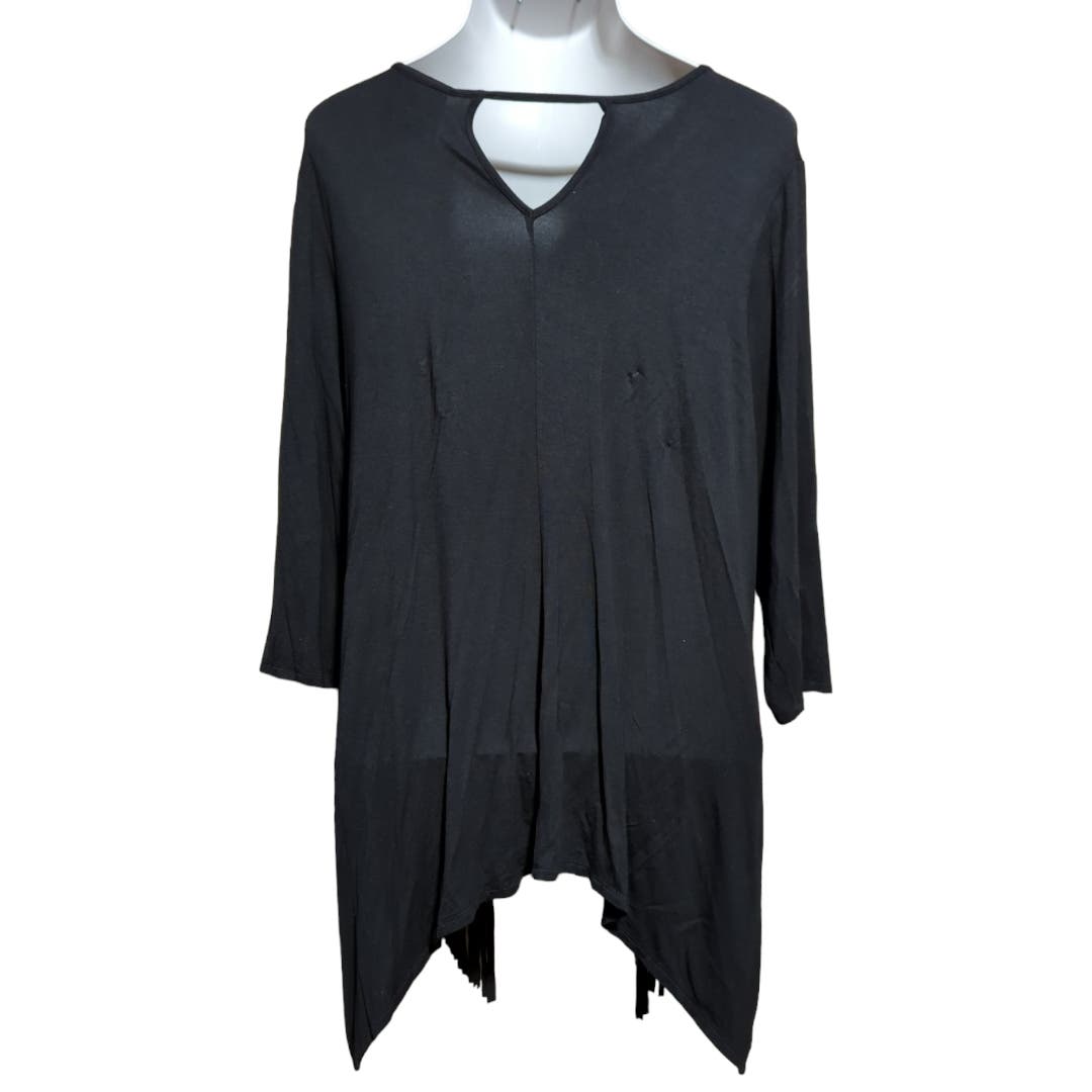 FRENCH BLUE Black Stretch Fringe Top 3/4 Sleeve Plus Size 2X