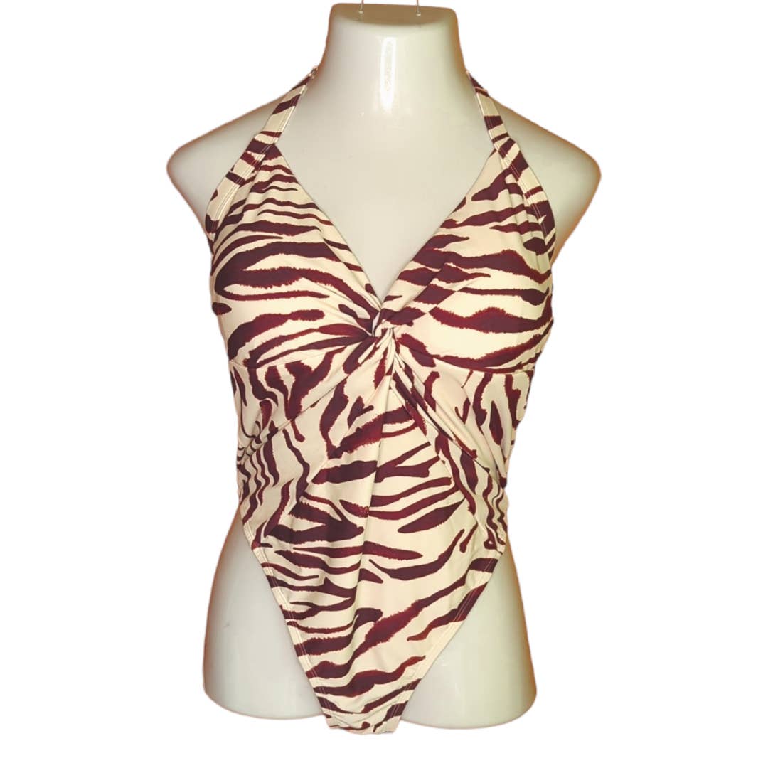 CUPSHE Brown Cream Zebra Striped Swimsuit Summer Vacation 1X Plus NEW
