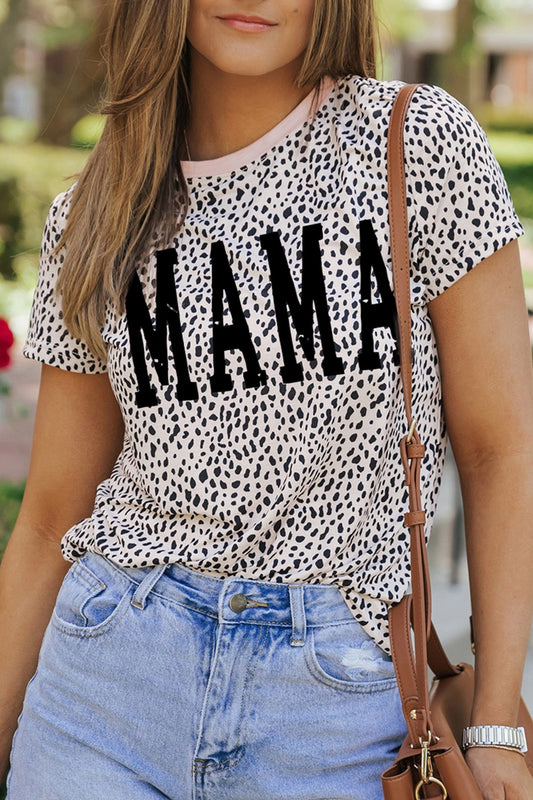MAMA Tan Cheetah Animal Print Round Neck Short Sleeve T-Shirt