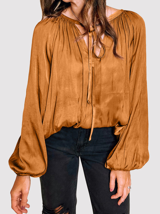 Caramel Balloon Sleeve Blouse with Tie Neck Career Casual