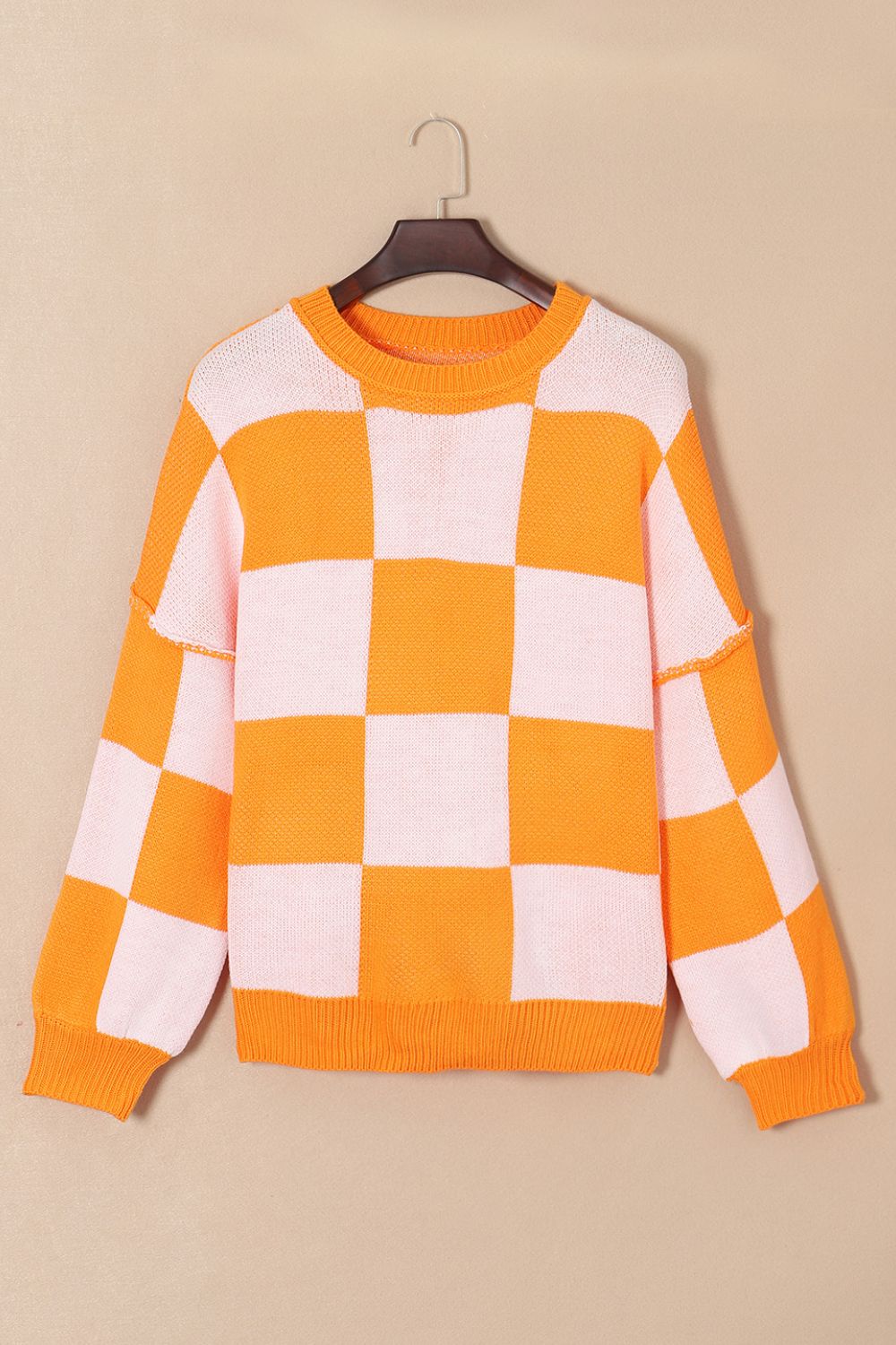 Checkered Exposed Seam Drooped Shoulder Sweater