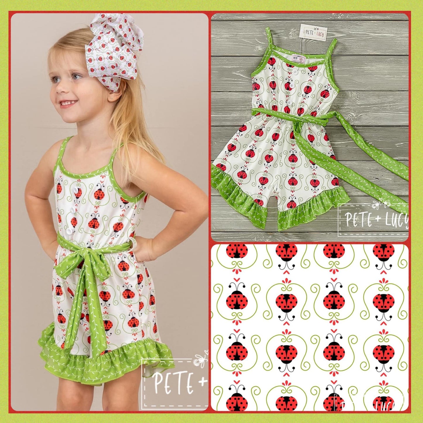 PETE + LUCY Lucky Ladybug Red Green Ruffle Shortie Jumpsuit Romper