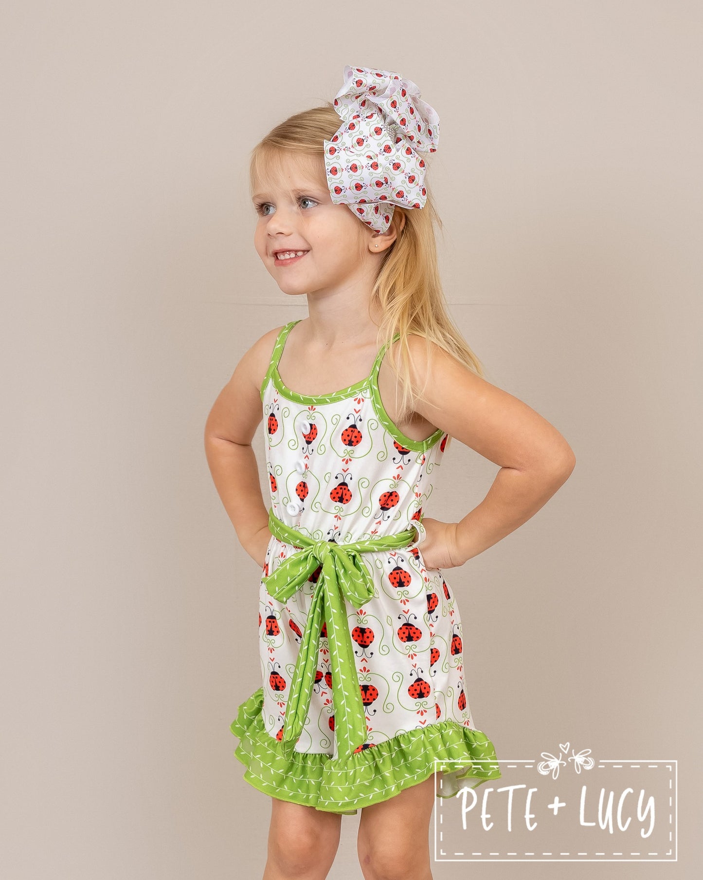 PETE + LUCY Lucky Ladybug Red Green Ruffle Shortie Jumpsuit Romper