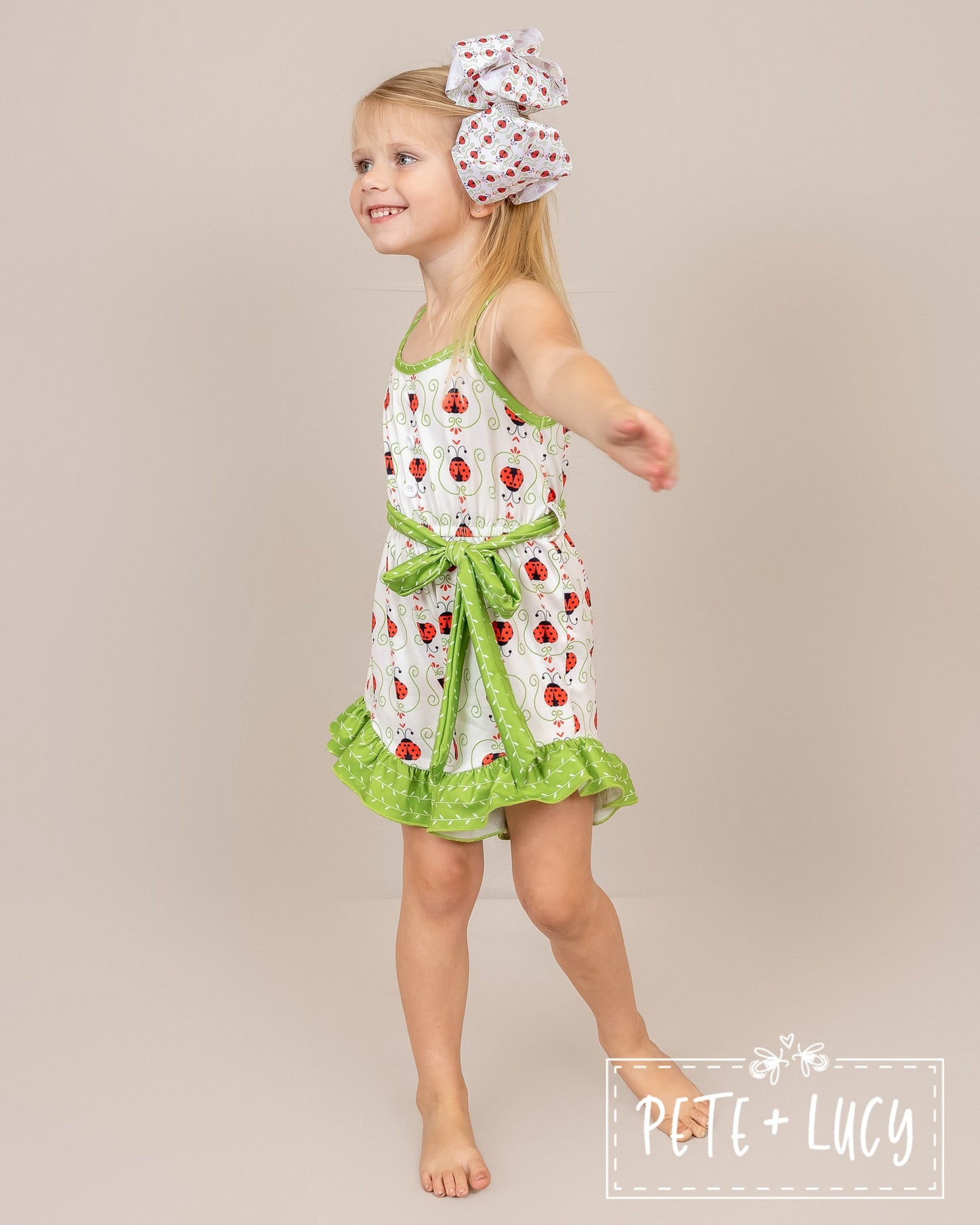 PETE + LUCY Lucky Ladybug Red Green Ruffle Shortie Jumpsuit Romper