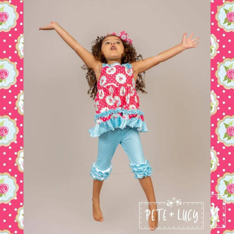 PETE + LUCY Shabby Roses Pink Floral Polka Dot Ruffle Capri 2 Piece Set