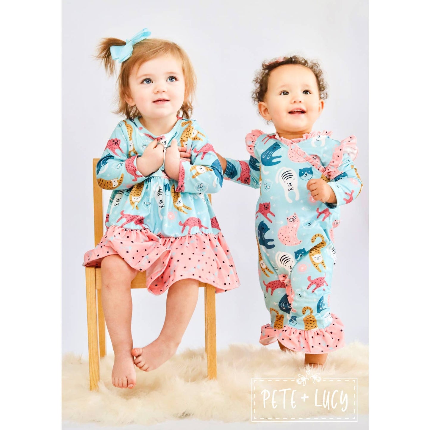 PETE + LUCY Playful Cats Teal Pink Long Sleeve Ruffle Dress