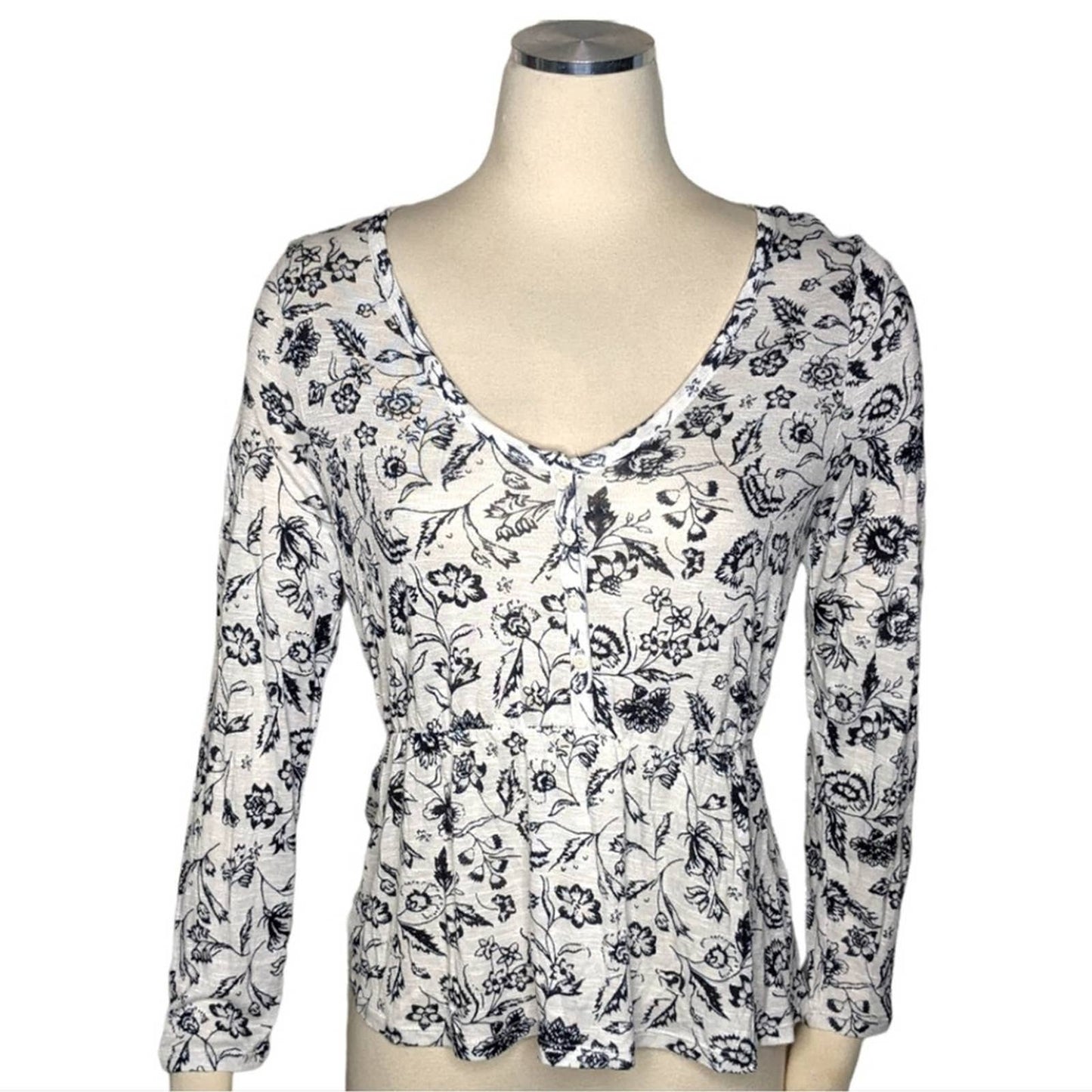 LUCKY BRAND White Navy Floral Button V-Neck Top Cinched Waist XS