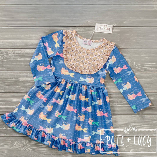 PETE + LUCY Mermaid and Shells Long Sleeve Ruffle Bib Dress