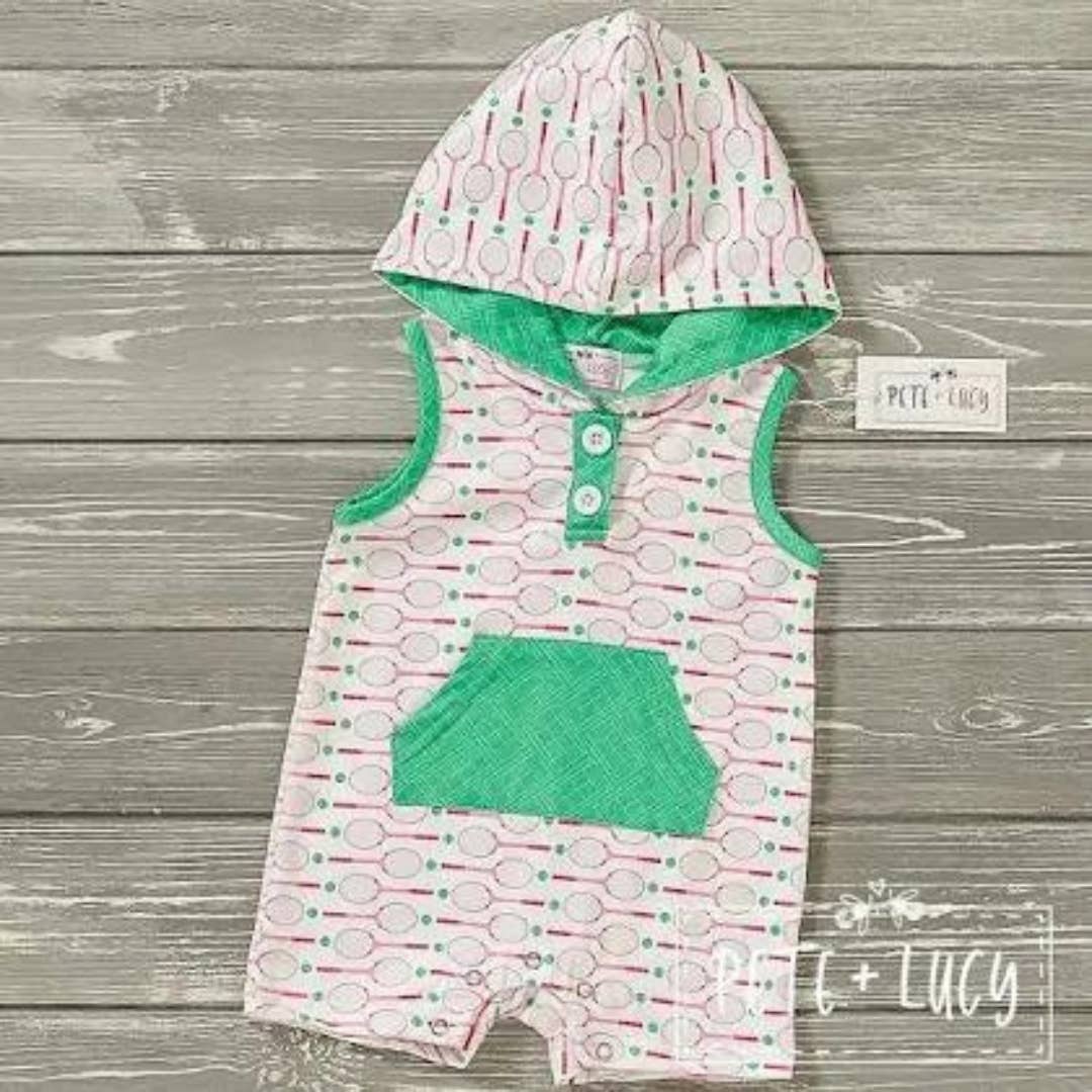 PETE + LUCY Terrific Tennis Green Red Infant Romper 6-9 months