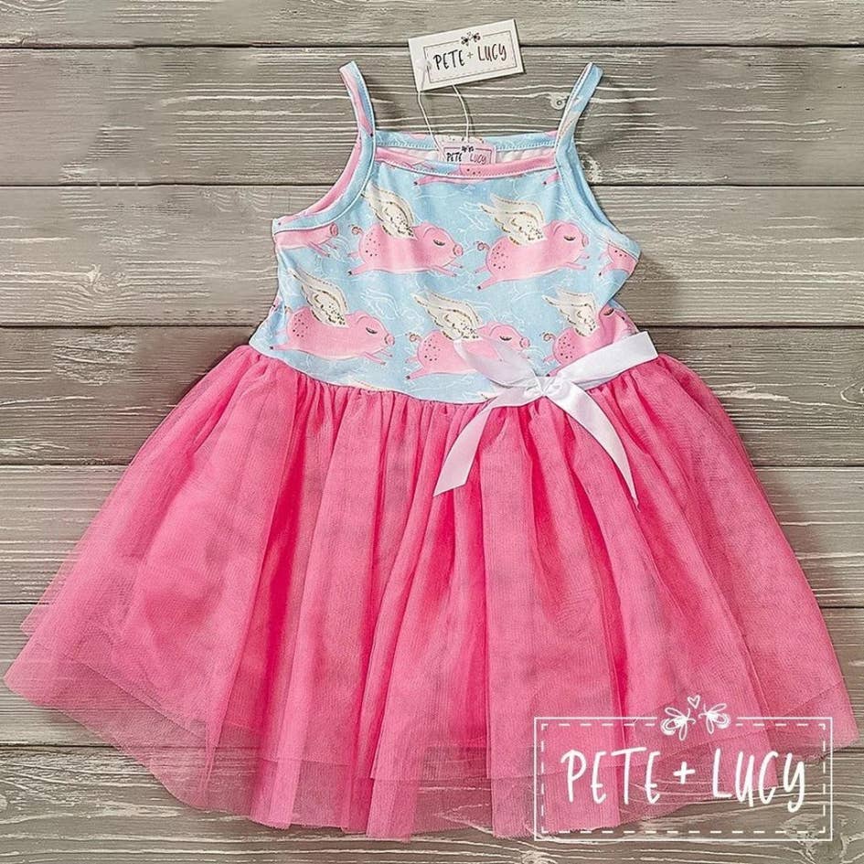 Pete + Lucy Pink Blue Oink On High Flying Pigs Sleevless Tulle Dress