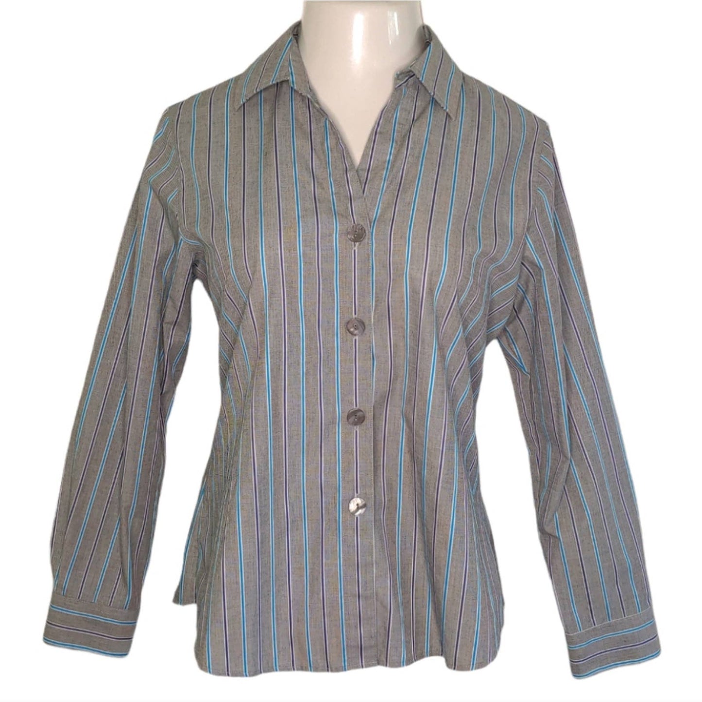 FOXCROFT Shaped Gray Blue Purple Striped Button Down Shirt Wrinkle Free Size 10