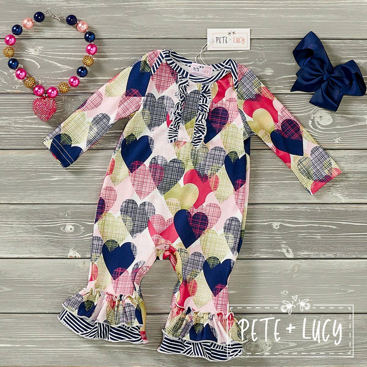 PETE + LUCY Geo Hearts Ruffle Romper 18-24 months NEW
