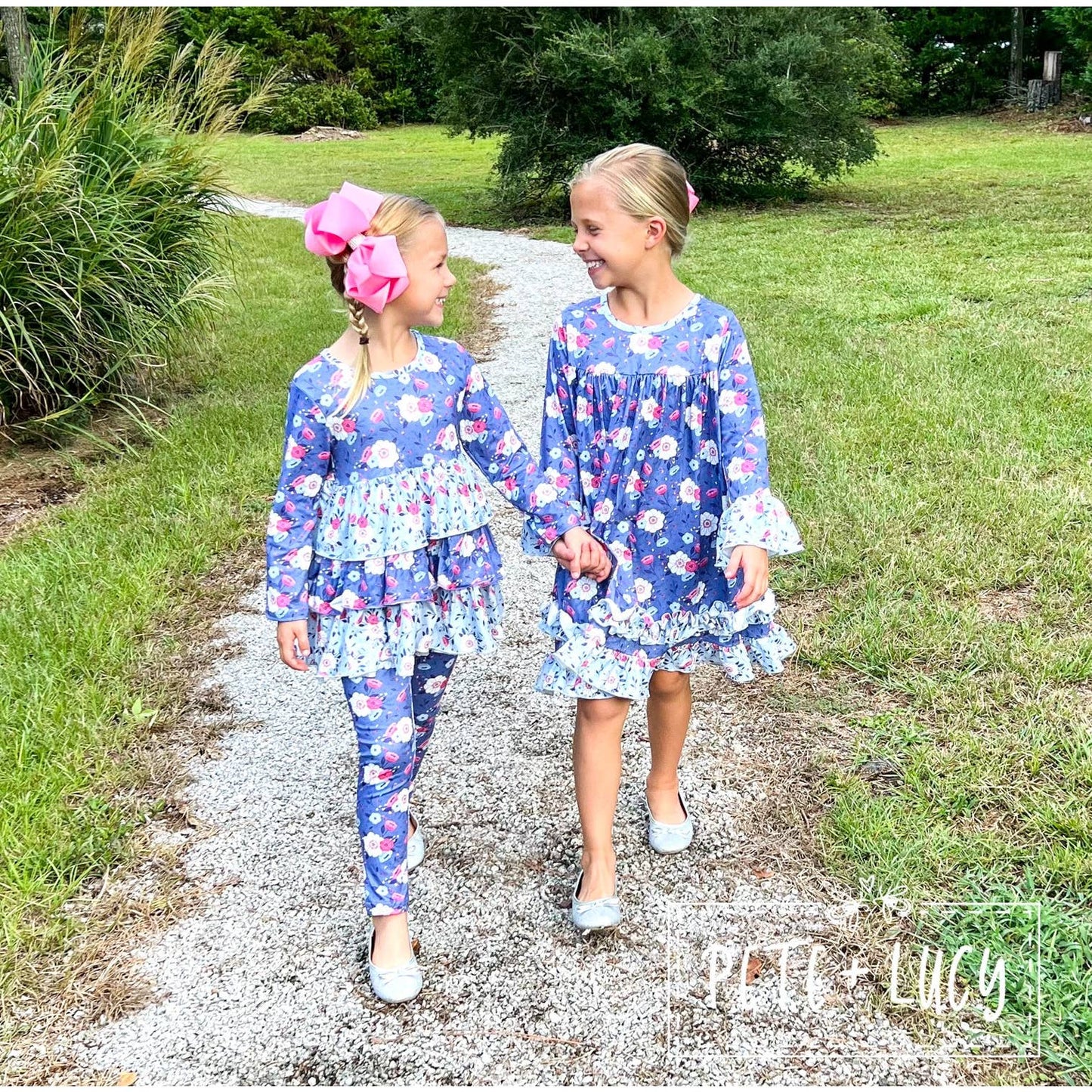 PETE + LUCY Country Denim Blue Floral Ruffle Long Sleeve Dress