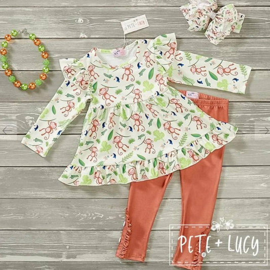 PETE + LUCY Cute Monkeys 2 Piece Set Ruffle Pants Babydoll Top