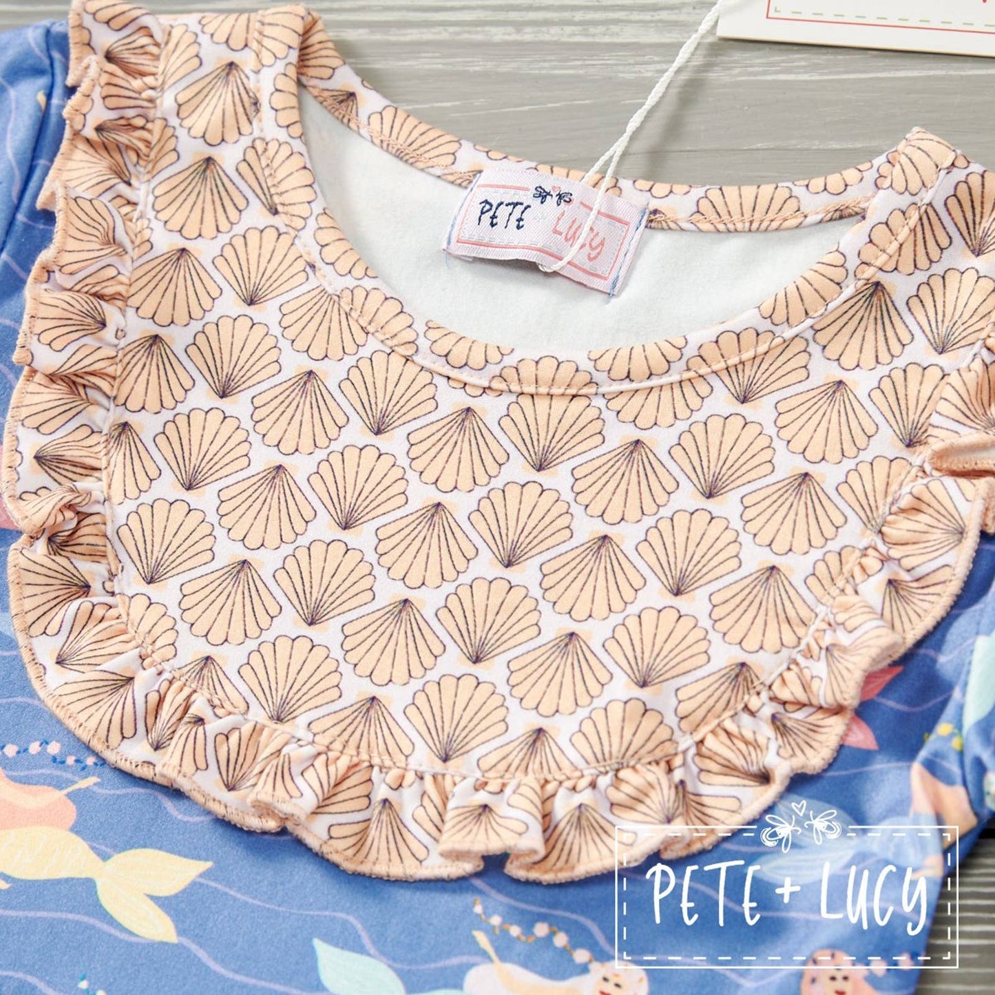 PETE + LUCY Mermaid and Shells Long Sleeve Ruffle Bib Dress