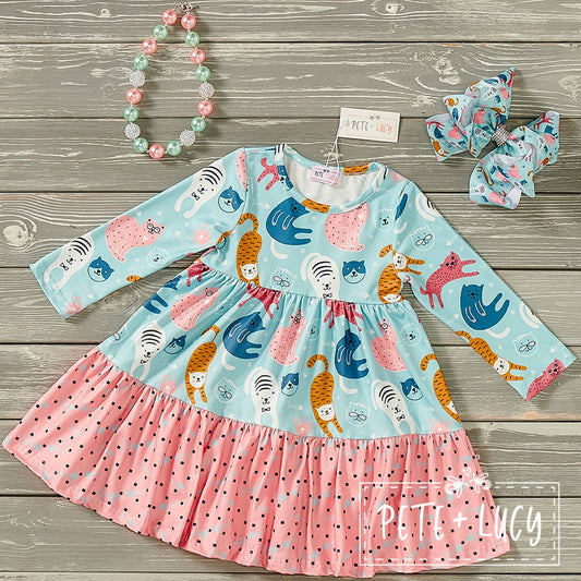 PETE + LUCY Playful Cats Teal Pink Long Sleeve Ruffle Dress