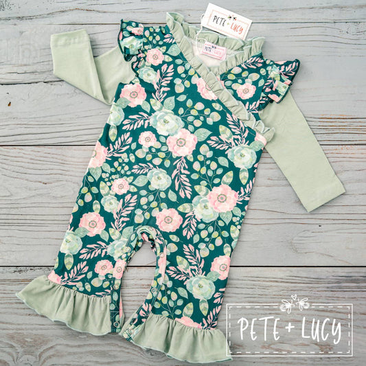 PETE + LUCY Sweet Emerald Green Ruffle Long Sleeve Romper Baby Toddler