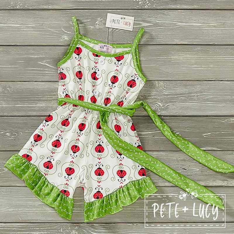 PETE + LUCY Lucky Ladybug Red Green Ruffle Shortie Jumpsuit Romper