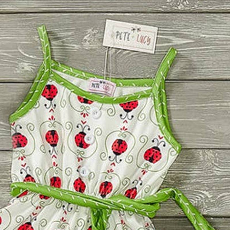 PETE + LUCY Lucky Ladybug Red Green Ruffle Shortie Jumpsuit Romper