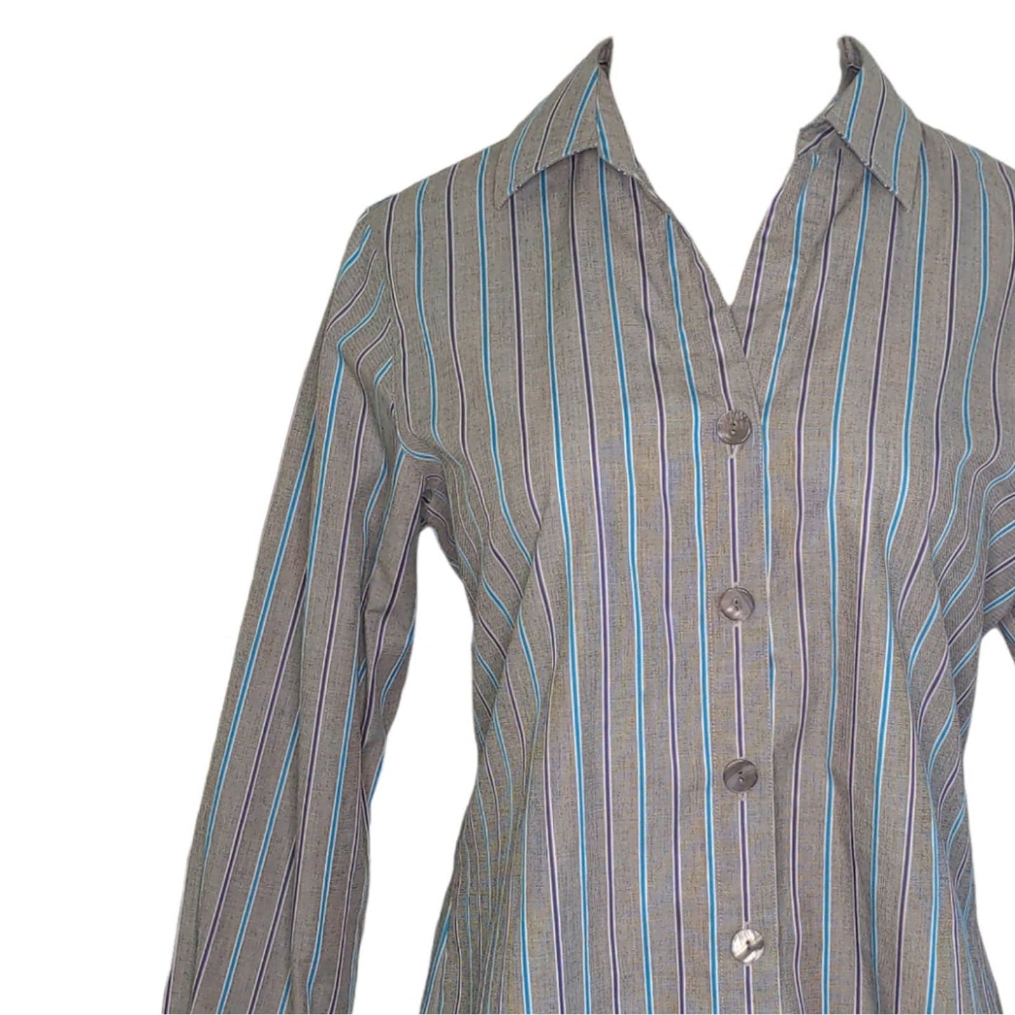 FOXCROFT Shaped Gray Blue Purple Striped Button Down Shirt Wrinkle Free Size 10