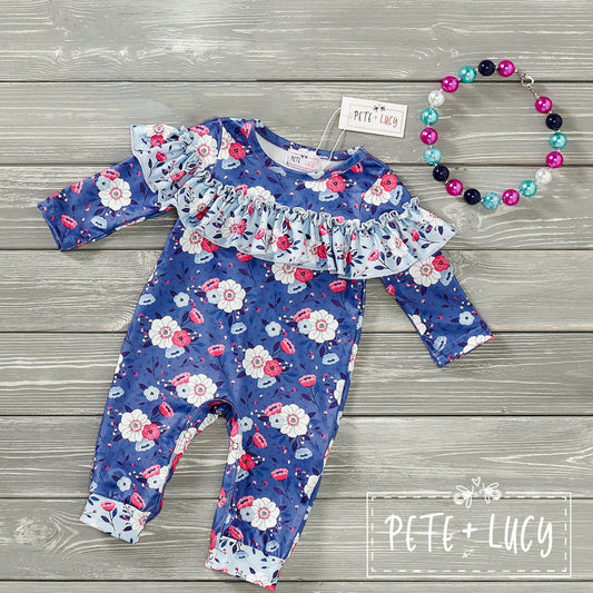 PETE + LUCY Country Denim Blue Floral Ruffle Baby Toddler Romper