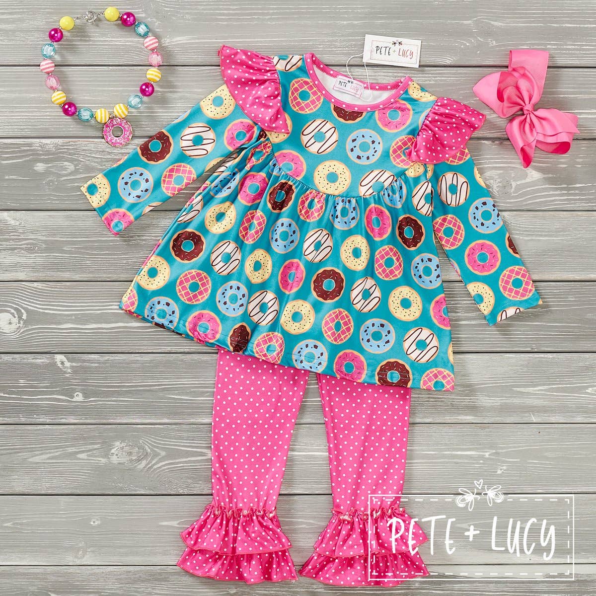 PETE + LUCY Donuts for All 2 Piece Set Pants Babydoll Ruffle Top