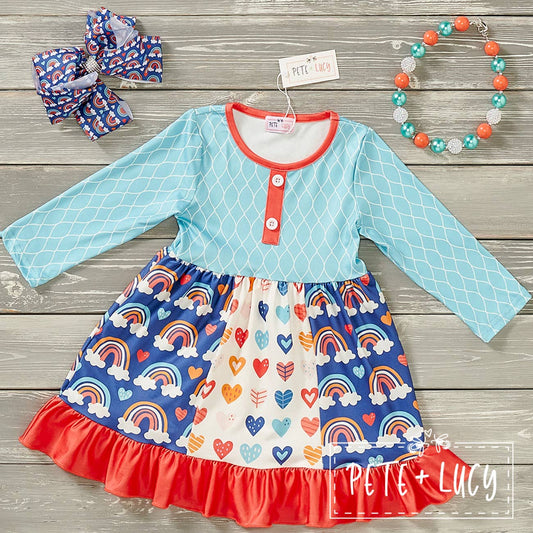 PETE + LUCY Rainbows with Clouds Long Sleeve Ruffle Dress 12-18 Months