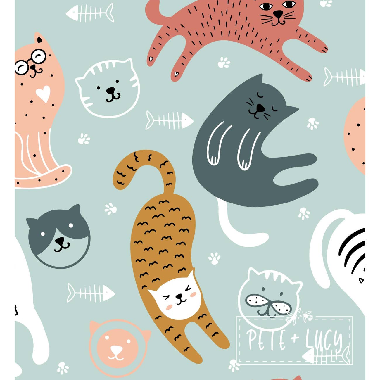 PETE + LUCY Playful Cats Teal Pink Long Sleeve Ruffle Dress