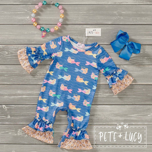 PETE + LUCY Mermaid and Shells Blue Yellow Baby Toddler Romper
