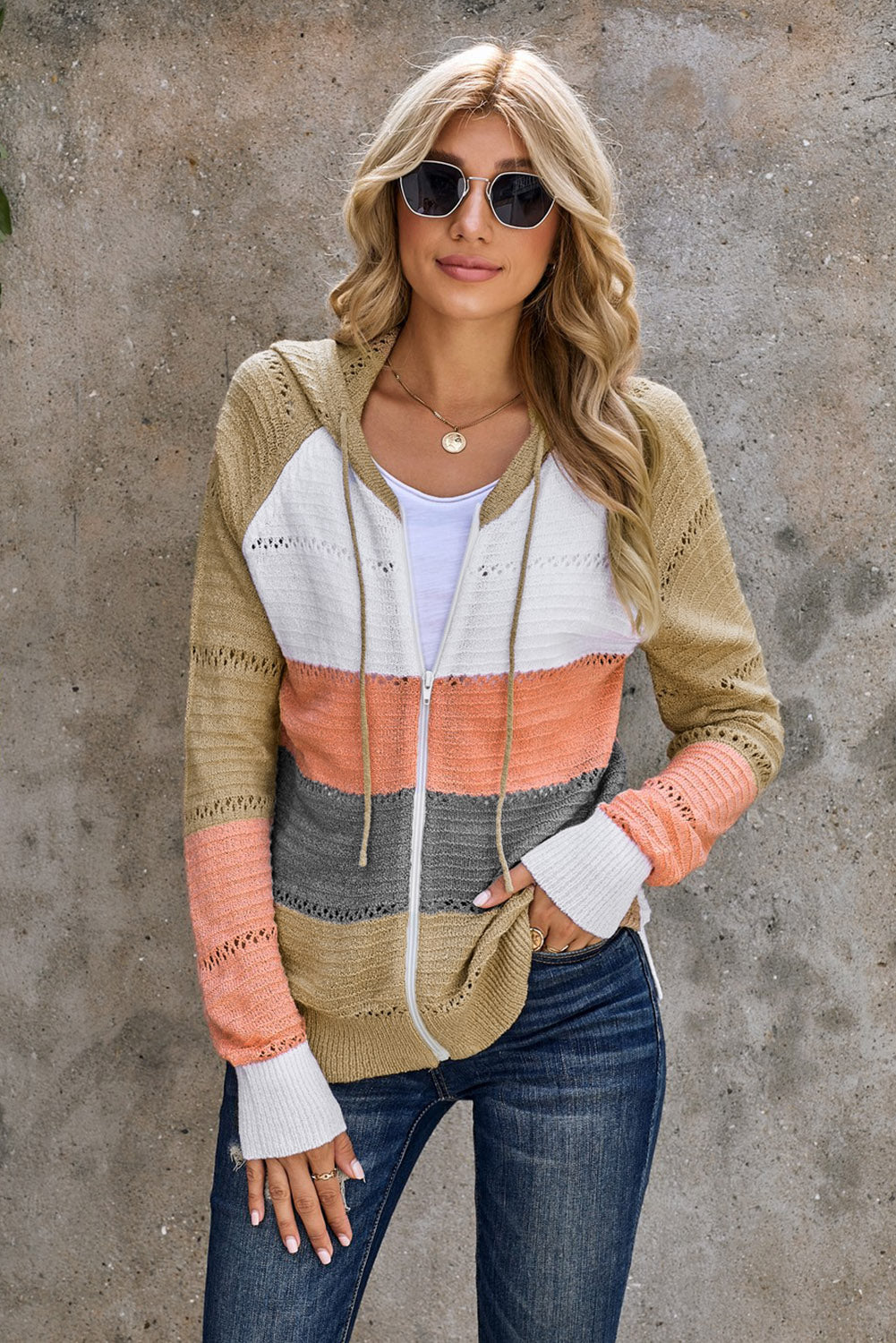 Zip-Up Raglan Sleeve Openwork Hooded Cardigan S-2XL