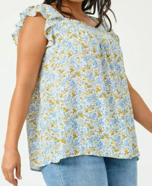 Gina Plus Blue Floral Flutter Sleeve Smocked Top 1X-3X