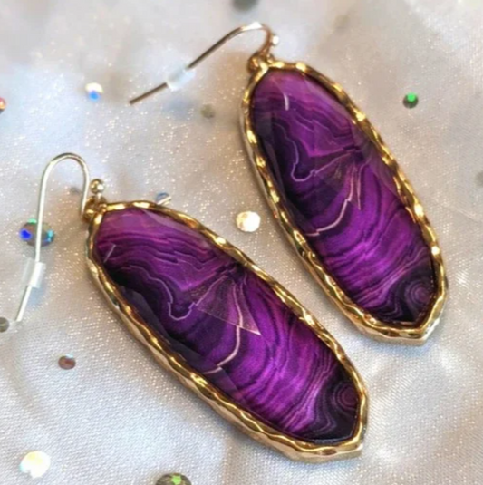 Sharyl Purple Agate Look Large Oval Drop Earrings with Gold Tone Hardware